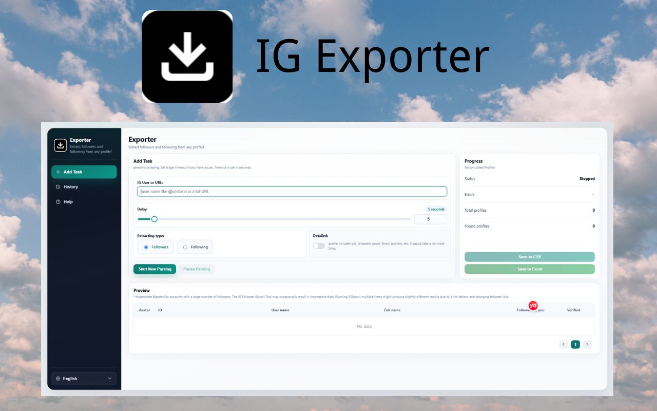 IG Exporter options page for exporting followers or following to CSV or Excel